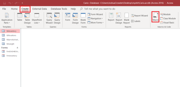 Access macro objects can be built in a form. Right clicking on a form in the Access objects pane and opening a form in design view starts this process. Next, right click in the form and select build an event. These events are essentially macros.