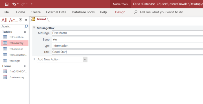 To build the right macro you will need to understand how the macro object should be customized. Each macro will have different settings. In the message box macro the biggest question to ask is what type of message box needs to appear.