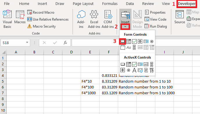 These are the first three steps necessary to inserting a form control button.