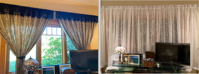 Former, dark curtains. Newly shortened, light curtains. I made the black and gold ones some years ago.