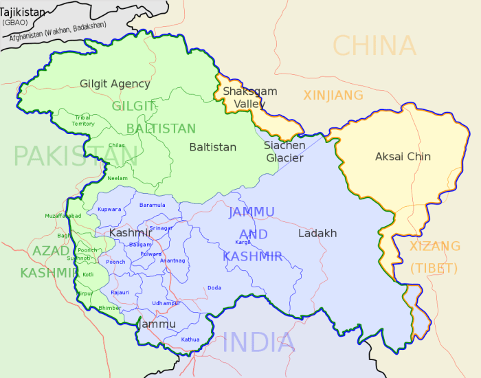 Jammu and Kashmir Map. Green shaded region occupied by Pakistan, Yellow shaded region under Chinese occupation