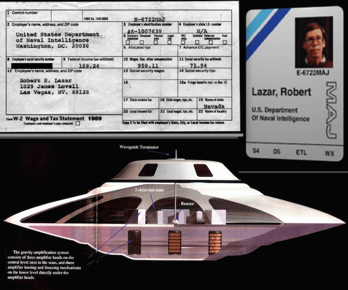 Classified Majestic badge, a W2 for his taxes showing his wadges from the base. and a half cut of the Sports Model saucer Lazar claims to have worked on for propulsion.