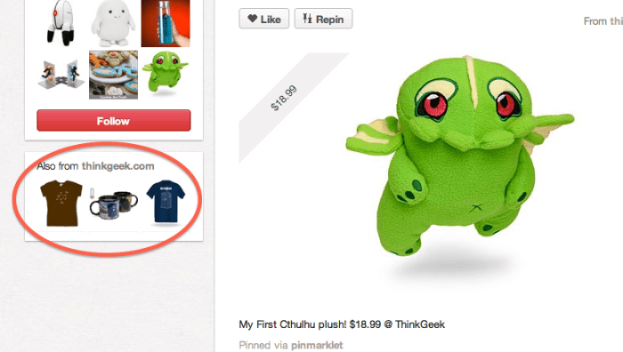 After opening the details of a pin, look on the left hand side of the page (I circled it in red) - and you can directly link to other items pinned from that particular site. Pretty slick trick!