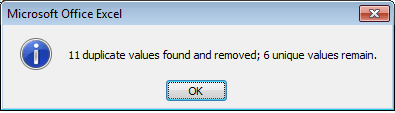 Results of running Remove Duplicates on our spreadsheet in Excel 2007 and Excel 2010.