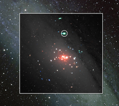 Inset box is x-ray data showing a flare-up, a dying burst of energy from something being ripped apart by a black hole in our closest neighbor, the Andromeda Galaxy.