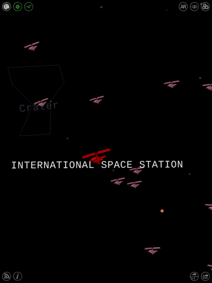 That big huge red thing? Yep, that's the International Space Station. (Or the Hubble Space Telescope; zoom in on the icon to double-check.) Toggle "satellite view" by clicking the third-from-left button at the top of the screen.