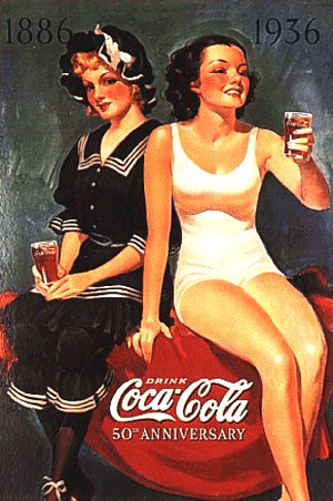 vintage Coca Cola advertisement poster with two girls one in a white one piece swim suit and the other clothes in a nautical outfit both with Coca Cola bottles in their hands