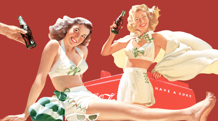 vintage Coca Cola advertisement two girls (one blond, one burnett) in white two piece swim suit and bottles of Coca Cola displayed