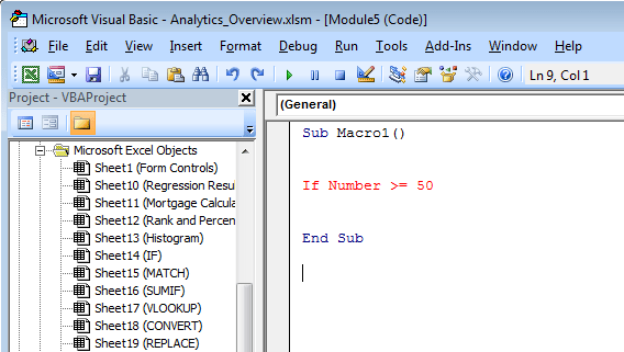 Example of a line with an error in a Visual Basic Module in Excel 2007 and Excel 2010.