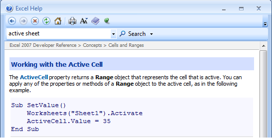 Using Microsoft Visual Basic Help to assist you in writing Visual Basic code in Excel 2007 and Excel 2010.