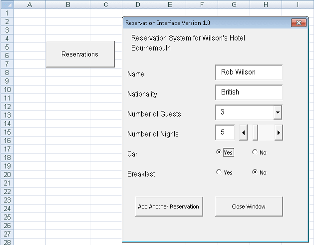 Hotel Reservation User Interface created using Visual Basic code in Excel 2007 and Excel 2010.