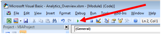 The Run button in a Visual Basic Module in Excel 2007 and Excel 2010.