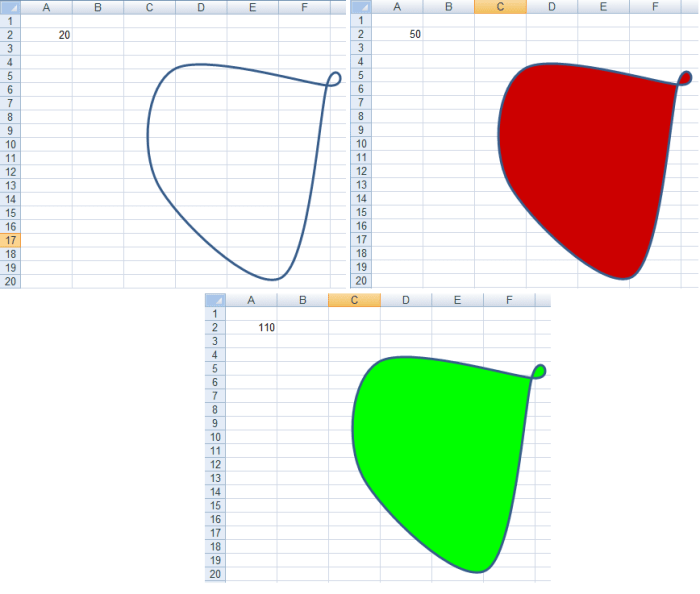 Illustration of Visual Basic code colouring the shape based on the contents of cell A2 in Excel 2007 and Excel 2010.