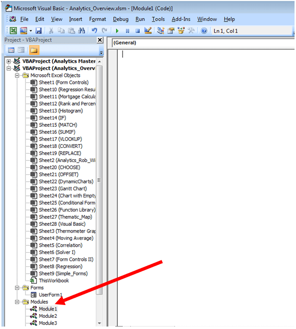 How to move between Visual Basic modules in Excel 2007 and Excel 2010.
