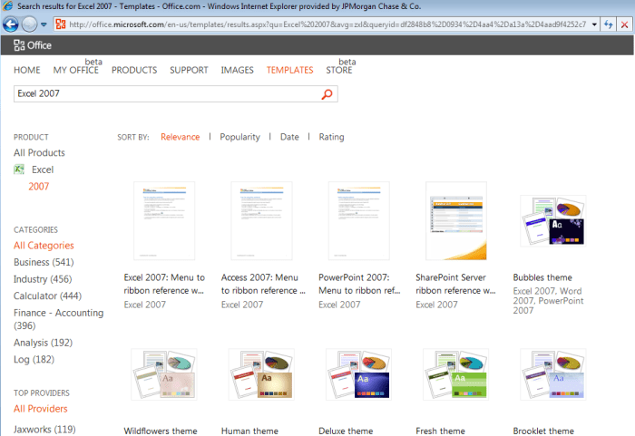 A selection of the templates available for Excel 2007 on Office.Microsoft.com.