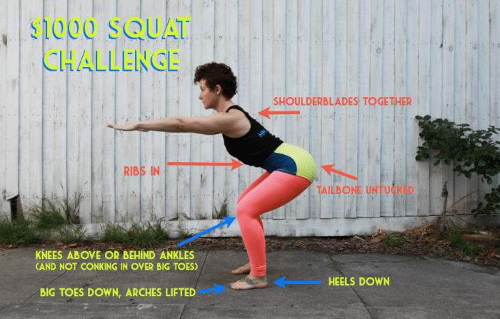 anatomy of the squat with proper form including a straight back and toes behind the knees