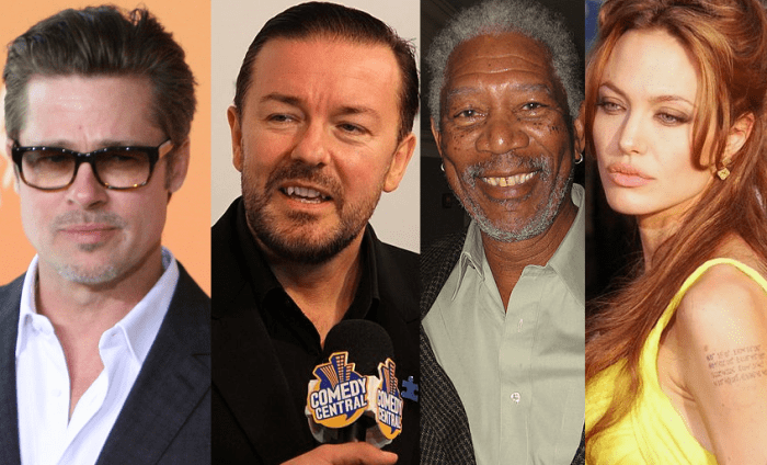 https://commons.wikimedia.org/wiki/File:Brad_Pitt_June_2014_(cropped).jpg https://commons.wikimedia.org/wiki/File:Ricky_Gervais_2010.jpg https://commons.wikimedia.org/wiki/File:Morgan_Freeman,_2006.jpg https://commons.wikimedia.org/wiki/File:Angelina