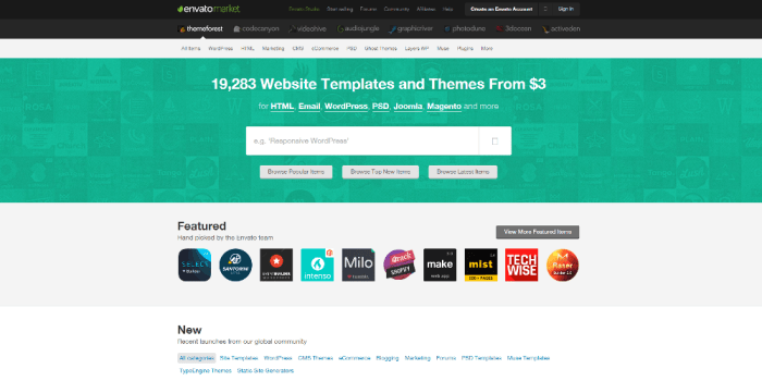 The homepage of ThemeForest, one of the world's largest online marketplaces for WordPress themes and plugins (July 2015).