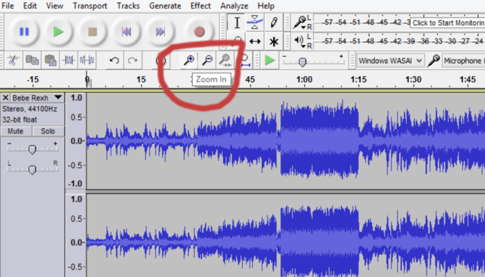 You'll have to zoom in and out to properly edit a track. Zoom in when you've found the portion of the song you want to modify, then zoom out to find the next section