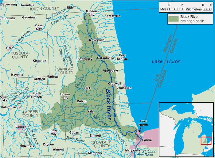A map of the Black River and its watershed ) in Sanilac and St. Clair counties in Michigan.