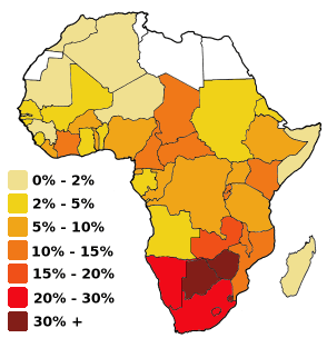 Map of Africa colored according to the percentage of the Adult (Ages 15-49) population with HIV/AIDS