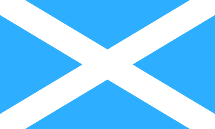 The traditional color of this flag of Scotland is this lighter blue, the same blue and white being national colors of South Korea as well. The Traditional Scots Flag is a medium blue and martime flags, a dark blue that hold up to wind and rain.