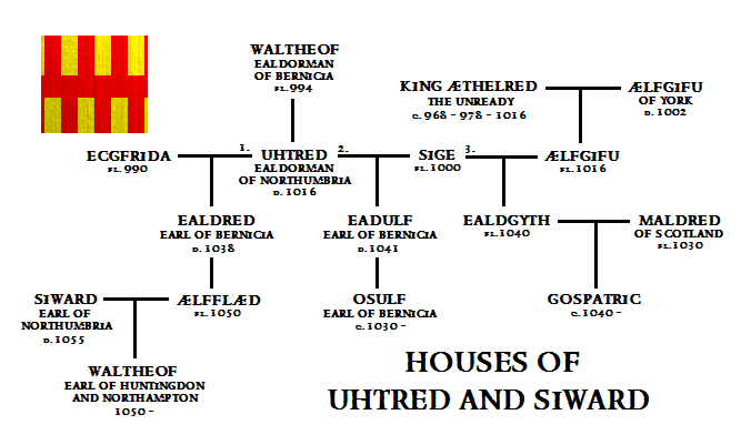 The family tree of Uhtred of Bamburgh and Earl Siward - Gospatric became Earl of Northumbria in AD 1068 under William I before Waltheof briefly held the earldom until implicated in a plot to remove William