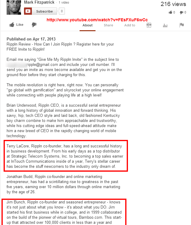 Mark Fitzpatrick uploaded a copy of the Rippln video, then named Terry LaCore and Jim Bunch as co-founders of Rippln, along with Brian Underwood and Jonathan Budd.