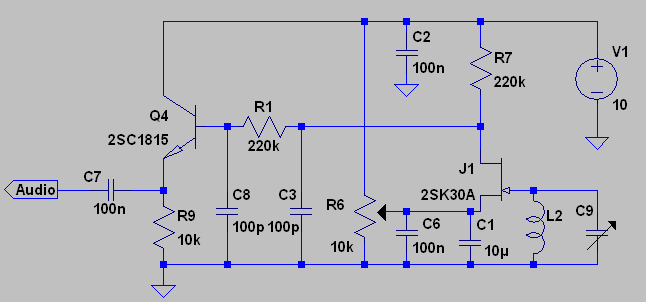 Drain bend FET AM detector. This circuit has better sensitivity than the pinched off circuit. However is also has a higher dynamic damping effect on the LC resonator that reduces selectivity somewhat.