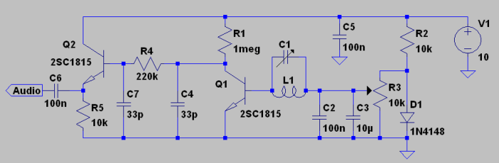 A BJT square law AM detector that give strongly increasing damping of the LC circuit with signal strength. Using a high Ft transistor for Q1 will give less damping and greater frequency stability. Even a 2SC3356 (Ft=7Ghz) is Ok in this role.