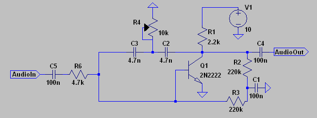 A useful audio filter circuit. The audio input should have a relatively low impedance to give correct filter performance. The output from an emitter follower is fine.
