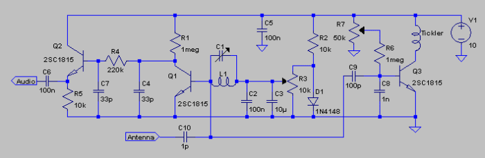 Dynamically damped regenerative receiver. The Q Multiplier relies on the BJT square law AM Detector to provide sufficient dynamic damping to give smooth control of regeneration. In practice this is not a problem.