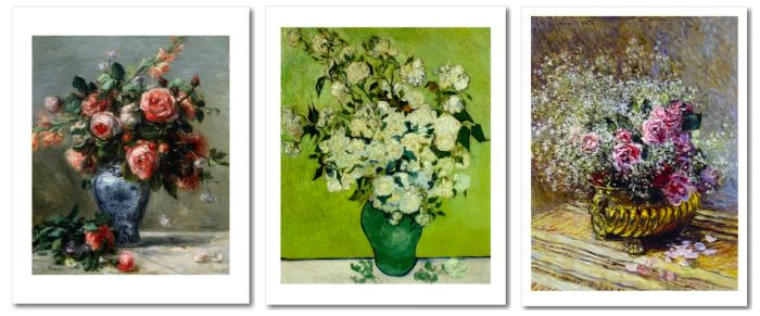 Left to Right: Vase of Roses by Pierre Auguste Renoir, Vase of White Roses by Vincent Van Gogh, Roses in a Copper Vase by Claude Monet