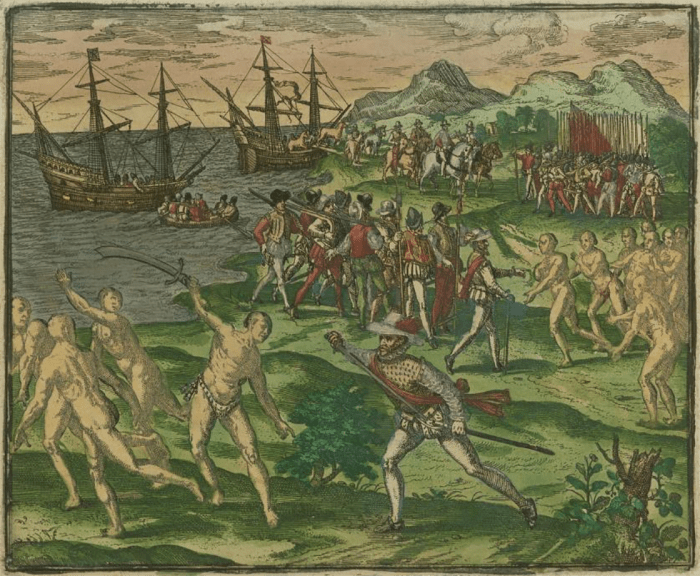 An image from 1595 depicting conflict between Native Americans in Mexico and Spanish colonists led by Francisco de Montejo. Courtesy of the John Carter Brown Library at Brown University