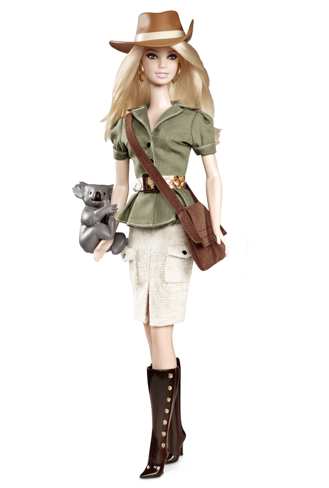 Barbie Doll in Australian garments holding a Koala bear, wearing boots and a green jacket and tan skirt - very fashionable