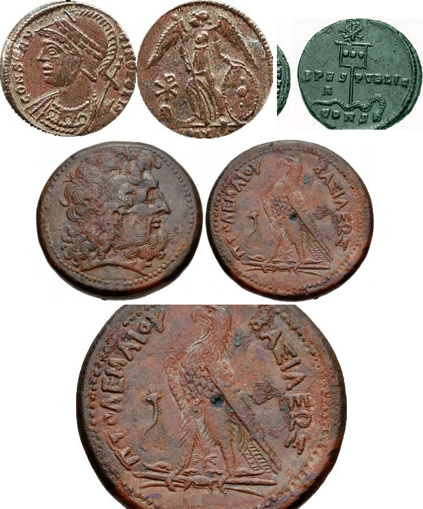 Top Left: Constantine I Constantinopolis, A Commemorative Coin with the Winged Victory (Satan?) and the Chi Rho sign. Top Left: Chi Rho. A coin of Constantine (c.337) showing a depiction of his labarum Middle: PTOLEMAIC KINGS of EGYPT. Ptolemy III Eu