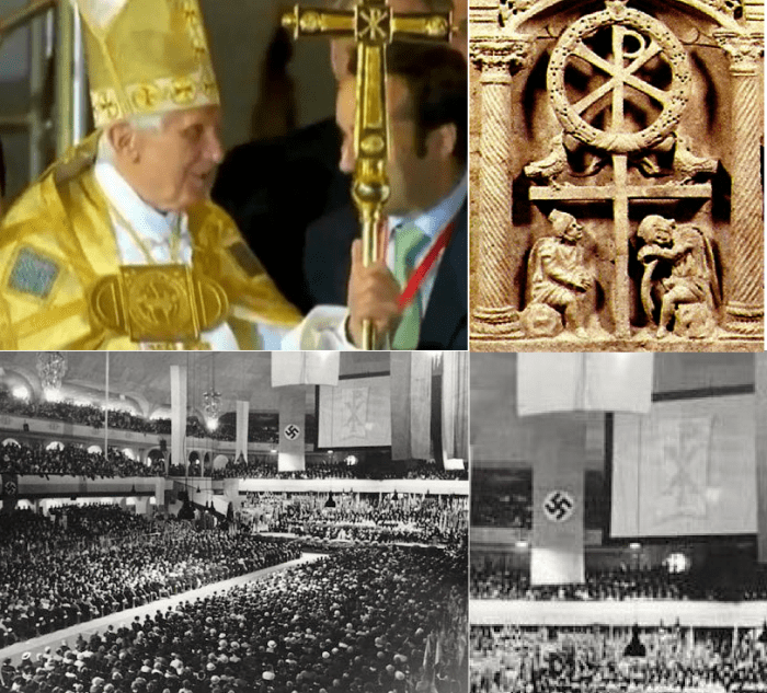 Pope Benedict with Chi Rho. Bottom: Welcome Celebration for Bishop Konrad Graf von Preysing in the Sportpalast, Berlin, 8 Sept 1935 Chi-Rho alongside the Nazi symbol.