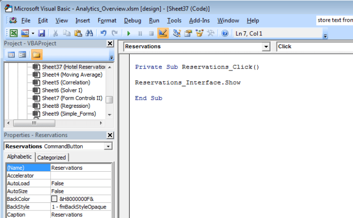 Visual Basic script used to configure a Command button to launch a UserForm in Excel 2007 or Excel 2010.
