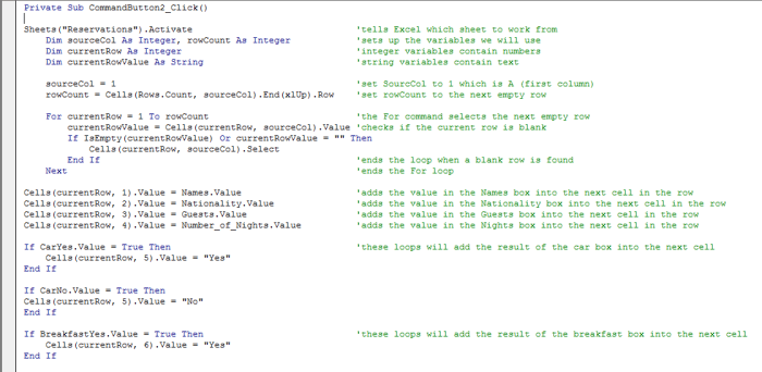 Visual Basic script used to configure a button to close a UserForm in Excel 2007 or Excel 2010.