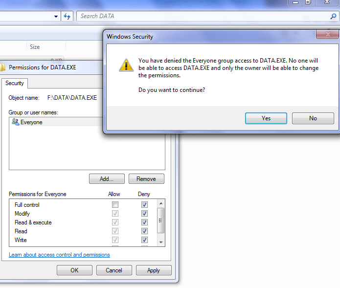 The ultimate block against any computer virus that will attack the DATA folder is the DATA.EXE that is impregnable because the access right is DENIED to everyone.