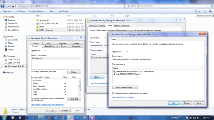 You can assign the ownership of the security access right to any Administrator account of your computer. Just simply avoid the "SYSTEM" user account as the owner. Otherwise, your pen drive is still vulnerable to virus attack.