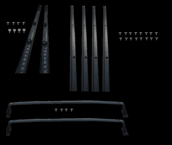 Clockwise from top left: 2 base rails with 8 attaching screws, 4 support rails with 16 attaching screws and 2 end rails with 4 attaching screws.