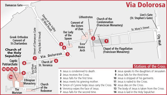 Approximately 500 meters of "Via Dolorosa" or "Way of the cross" through the streets of old Jerusalem. As you enter through Sheep gate or Lion's gate on to the right side is the Bethesda pool and St Anne's Church on to the left is the Temple mount