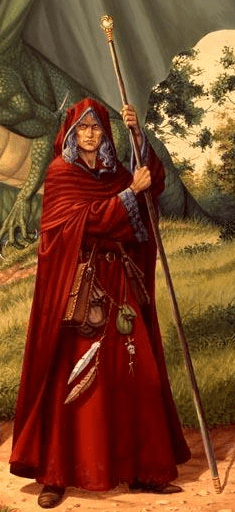 Raistlin Majere (c) Weis & Hickman, the Red Robes mage of the Dragonlance series. Twin brother of Caramon, he later becomes a mage of the Black Robes (pictured below).