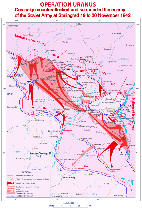 The Red Army counter-attacks and encircles the Sixth Army at Stalingrad November 19-23 1942.