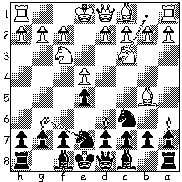 This image shows the four reasonable fourth move options for black following 4.Nc3. The only one of these that I am discussing and recommending is 4...Ng6, though they are all very playable.