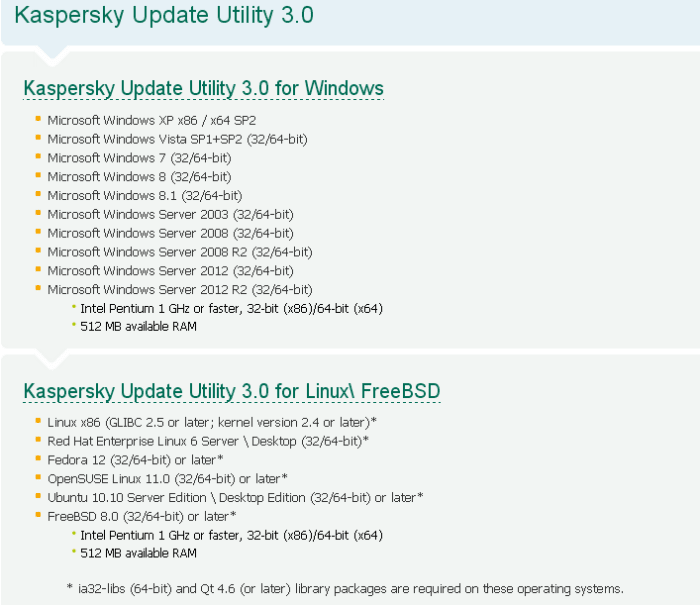 System Requirements: Kaspersky Update Utility 3.0 for Windows, Kaspersky Update Utility 3.0 for Linux\ FreeBSD