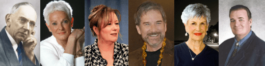From left to right, Edgar Cayce, Sheila Gillette (Theo), Esther Hicks (Abraham), Geoffrey Hoppe (Tobias), Elizabeth Baron (St. Catherine of Siena) and Kevin Ryerson (Athun Re).