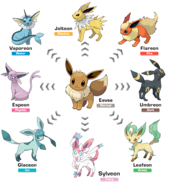 Eevee evolution chart. Note that currently only the Kanto generation of Pokemon has been released on Pokemon Go.