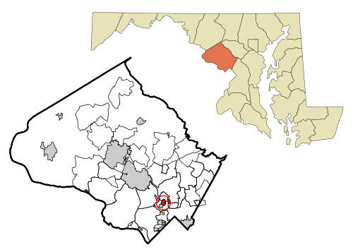 This map shows the incorporated and unincorporated areas in Montgomery County, Maryland, highlighting Kensington in red.